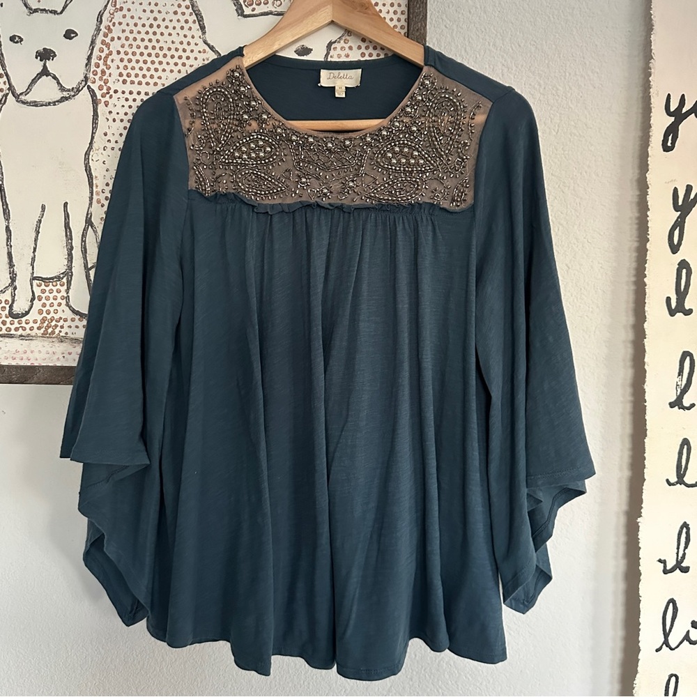 Anthropologie Teal Beaded Blouse